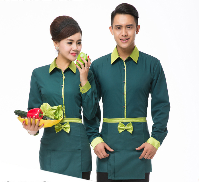 快餐店工作服長袖飯店餐飲網(wǎng)咖制服西餐廳酒店服務員秋冬裝加圍裙